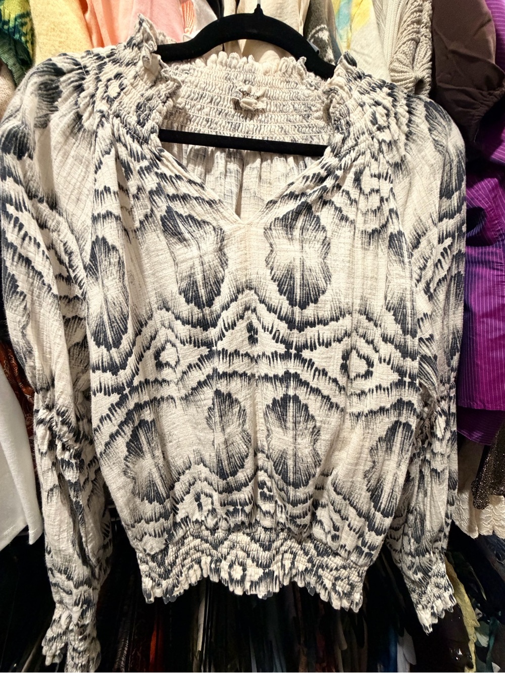 Smocked Neck & Hem Printed Tunic Top - Black and White